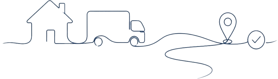 Map of the United States showing a moving truck traveling a route between an origin and destination pin